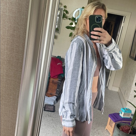 Orvis Coastal Blue and White Striped Linen Button Down Shirt - Picture 8 of 13